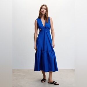 Mango Blue Cutout Midi Dress Size Small Cotton V Neck Knot Detail